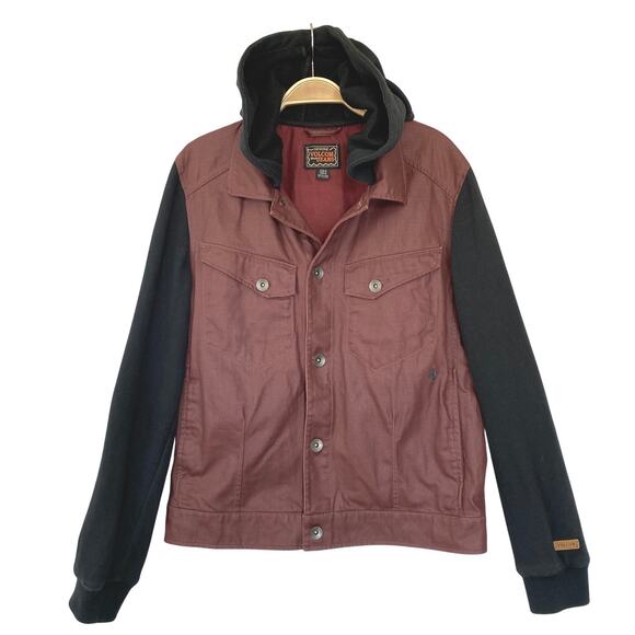 Volcom Mixing Media Hooded Jacket Men Size M Burgundy Black Bikercore Skater - Picture 1 of 12